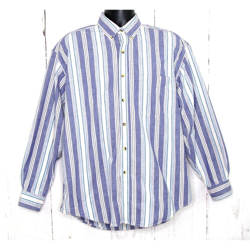 L.L. Bean Men's Button Up Shirt Long Sleeve Purple Striped Cotton Size Large Reg